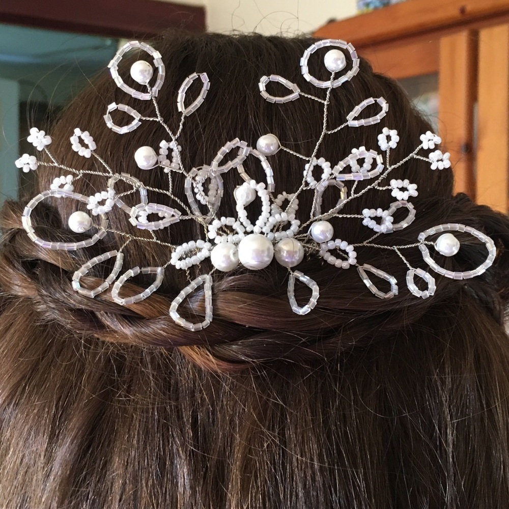 Handmade White Pearl and Rainbow Luster Hair Comb